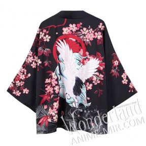 Японское кимоно - черное с цветами сакуры и аистом / Haori - black with sakura and stork